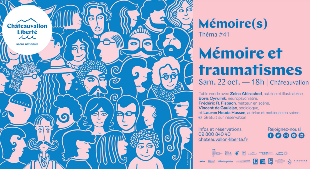 Affiche annonçant le titre de la conférence : Mémoire et traumatismes